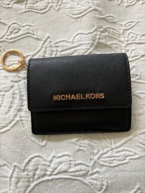 Michael Kors Black and Gold Leather Card Holder Keyring Wallet